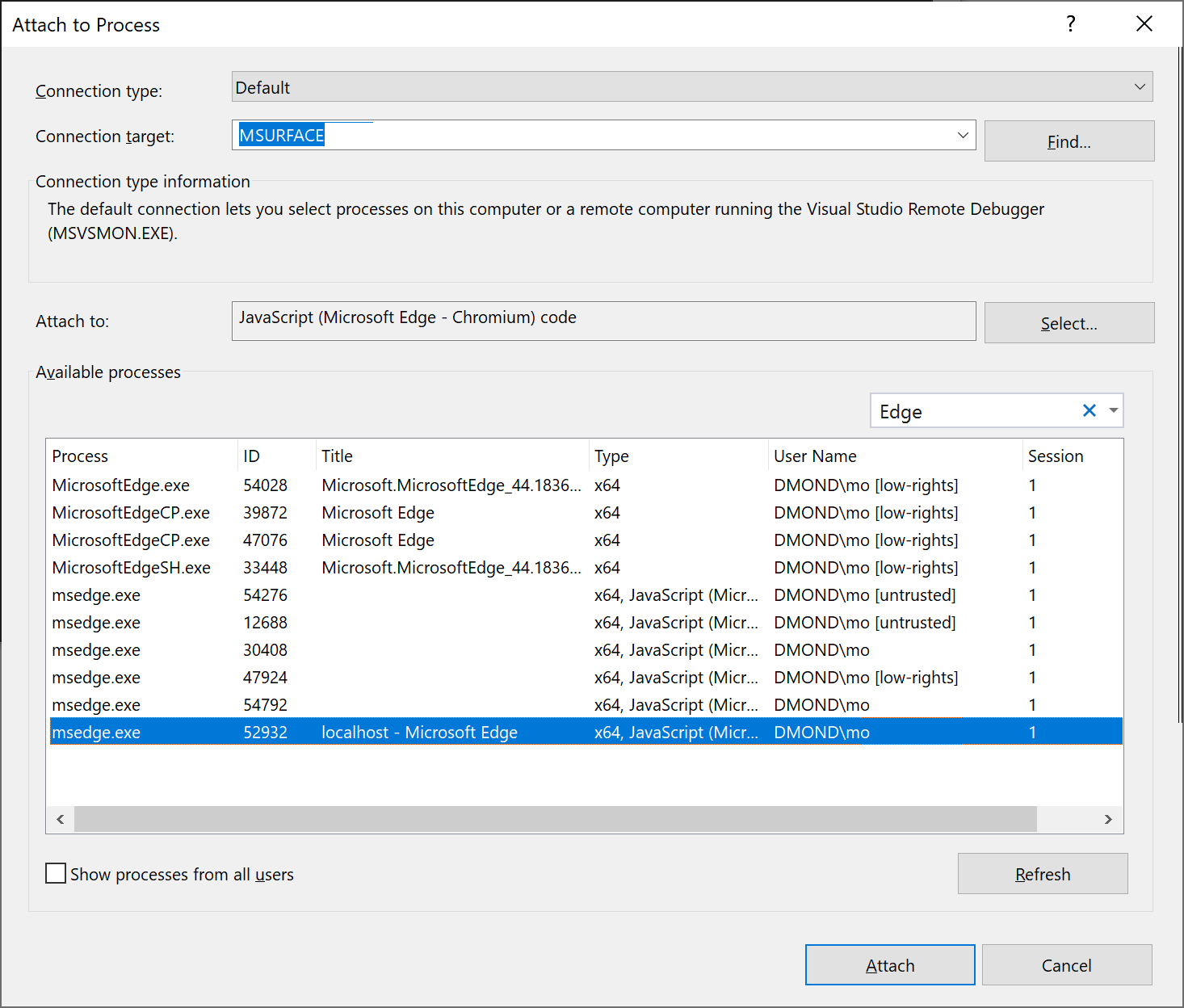Screenshot showing how to Attach to a process in Debug menu.
