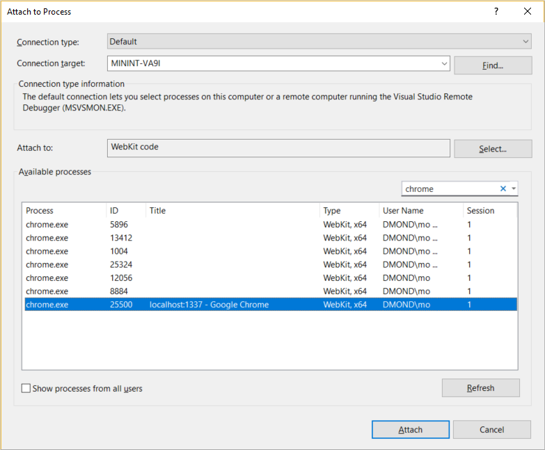 Screenshot showing the Attach to process dialog box.