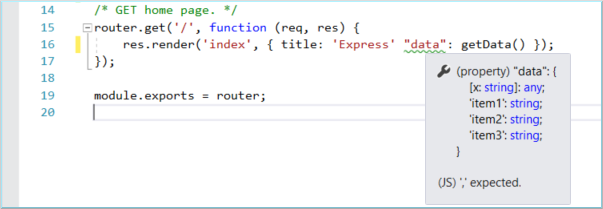 Screenshot that shows a syntax error in IntelliSense.