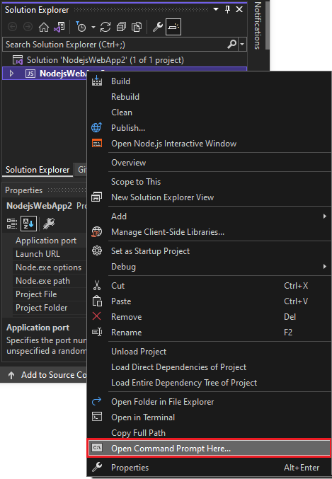 Screenshot that shows Open Command Prompt Here in the project context menu.