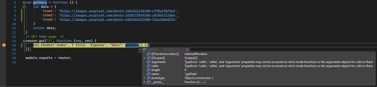 Screenshot that shows some variables that are available for inspection during debugging.