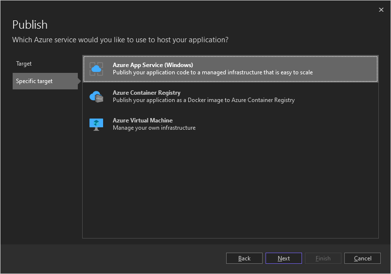 Screenshot that shows the Publish dialog box with Azure App Service selected.