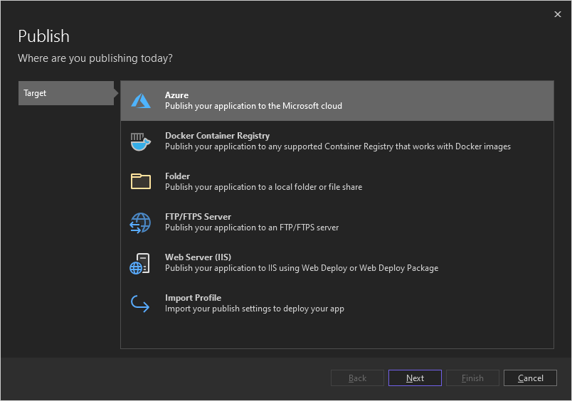 Screenshot that shows the Publish dialog box with Azure selected.