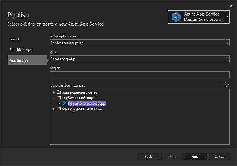 Screenshot that shows the Publish dialog box with the Azure web app selected.