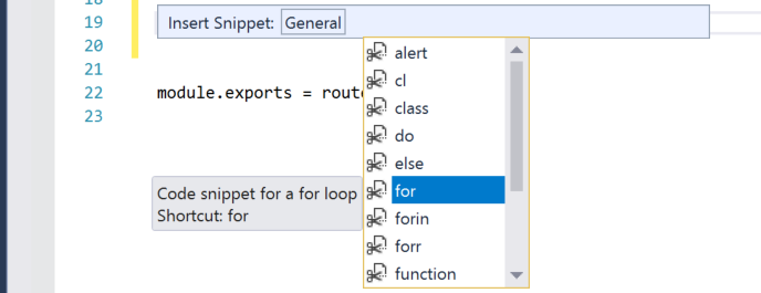Code snippet for a for loop in Visual Studio