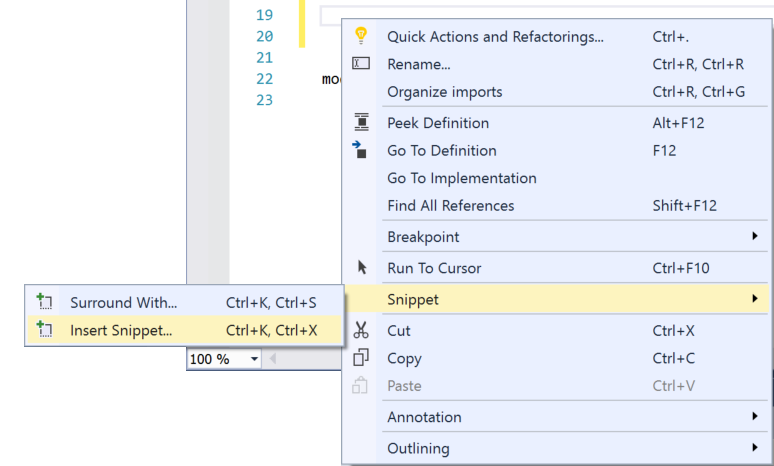 Code snippet in Visual Studio