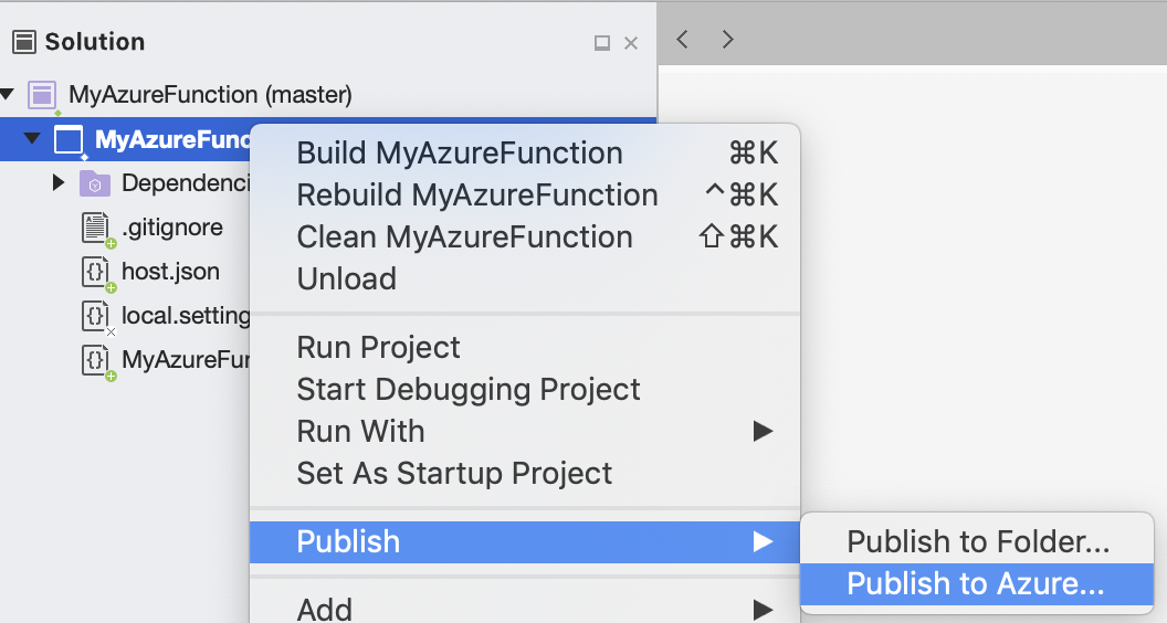 Context menu with Publish > Publish to Azure... option highlighted