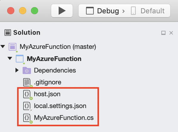 Visual Studio for Mac editor displaying a brand new azure function from template