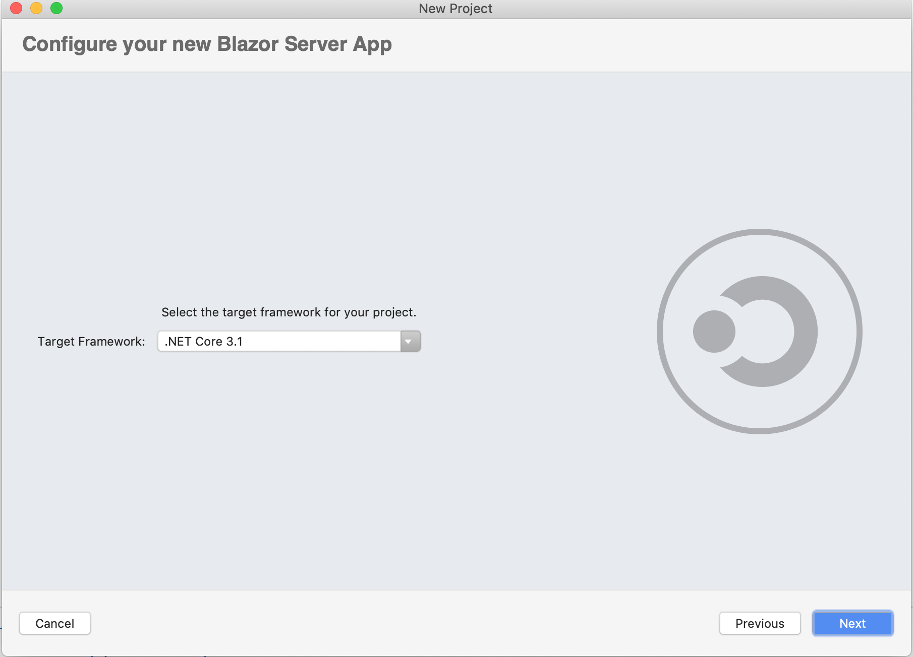 Configure your new Blazor Server App dialog displayed with Target Framework selected to .NET Core 3.1