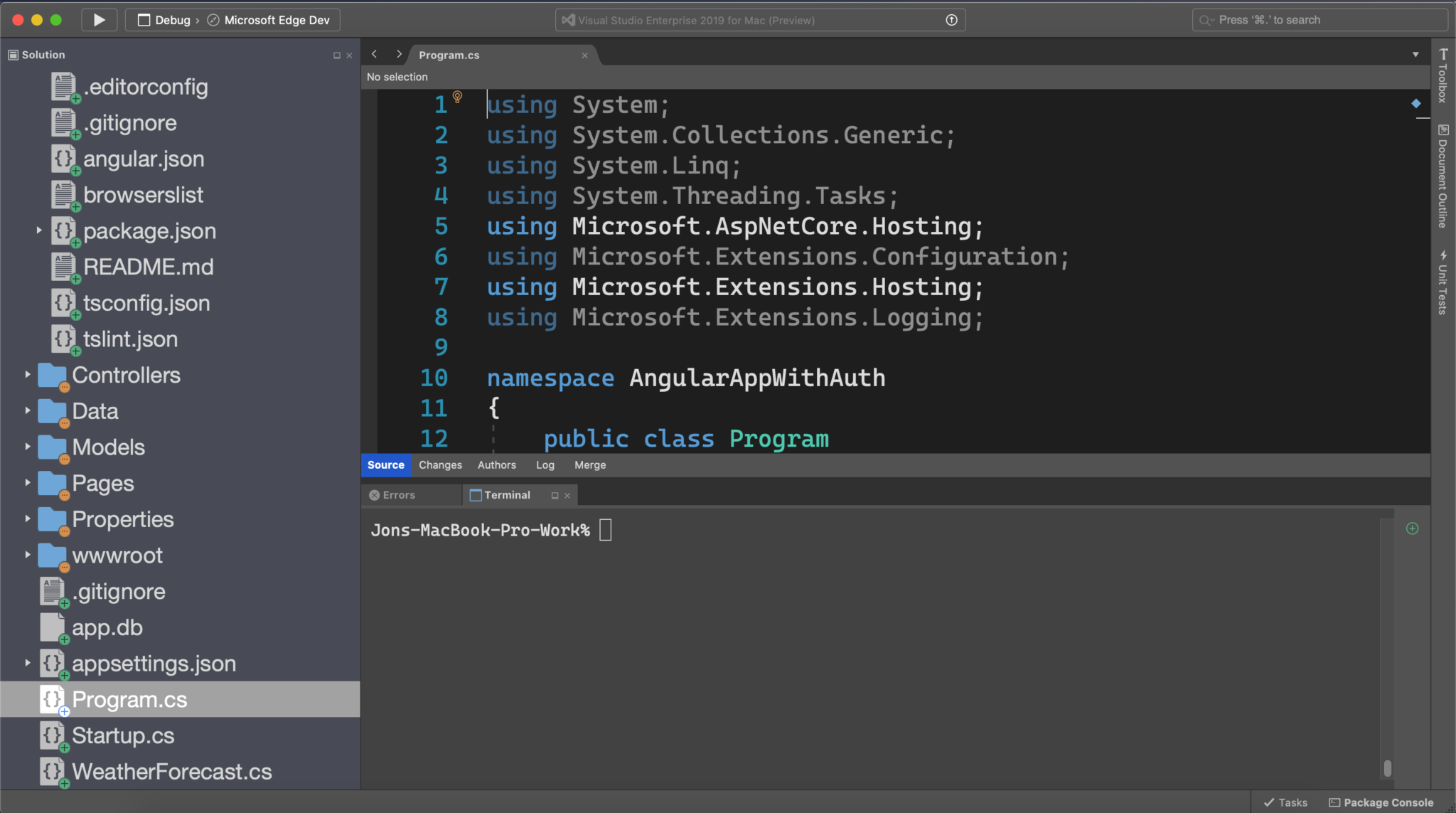 The Visual Studio for Mac integrated terminal immediately after being launched.