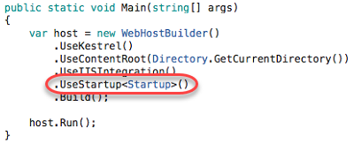 Screenshot of the C# Main method highlighting the host variable setting the startup class with the UseStartup option.