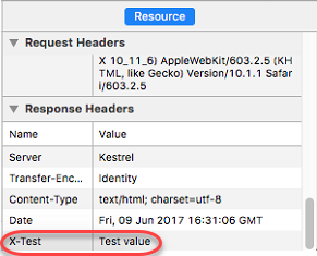 Screenshot highlighting the response header named XTest with a value of Test value.