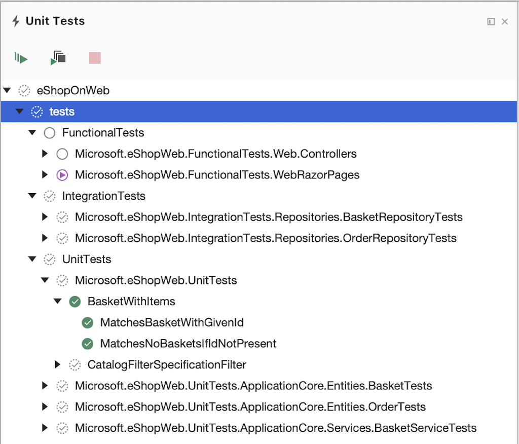 Test Window showing a list of unit tests and a tool bar for running or stopping tests.