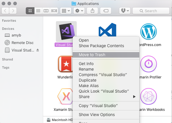 Move Visual Studio Application to trash