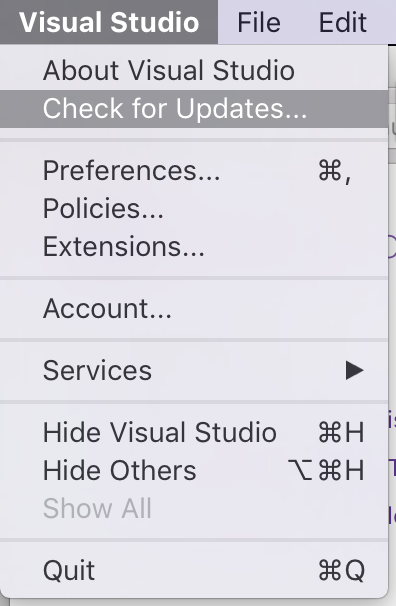 Screenshot of the Check for updates option off the Visual Studio menu.