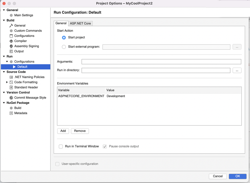"Run," "Configurations," and "Default" in project options