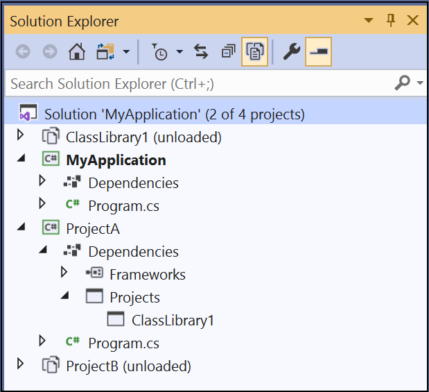 Screenshot of filtered solution in Visual Studio