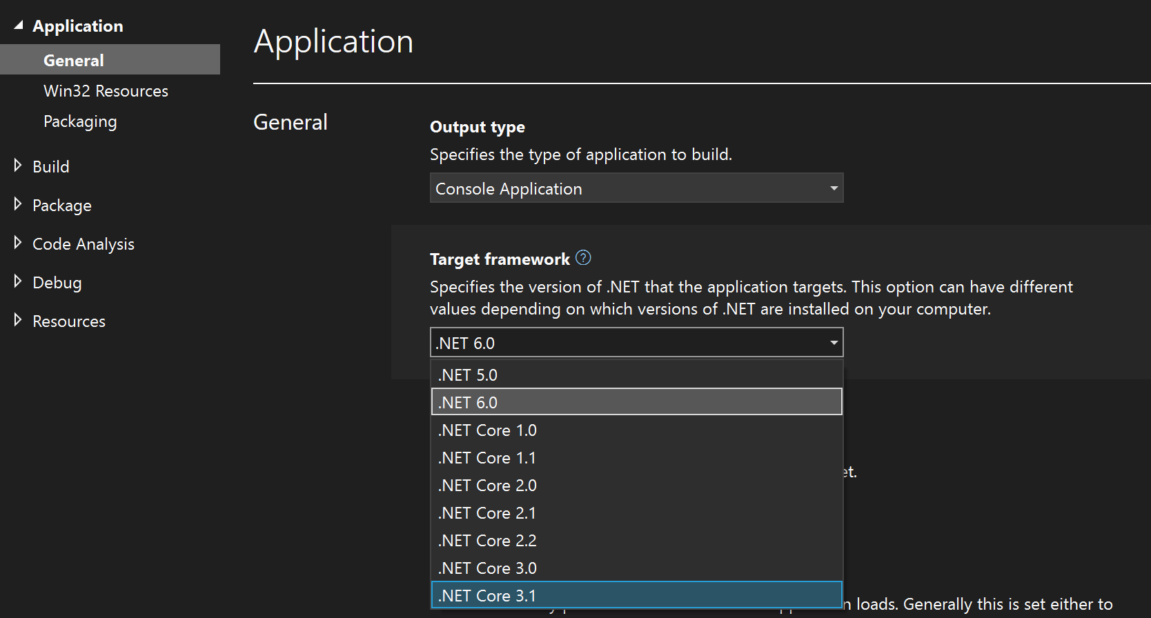 Screenshot showing changing the target framework in Visual Studio.