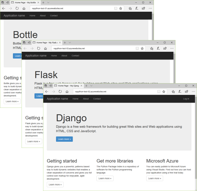 Results of publishing Bottle, Flask, and Django apps to App Service