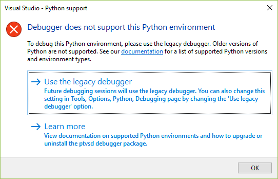 Debugger does not support this Python environment error when using the debugger