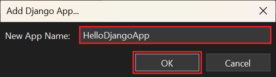 Screenshot that shows how to enter a name for the new Django app in Visual Studio 2022.