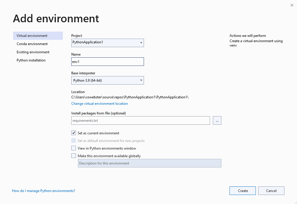 Virtual environment tab of the Add Environment dialog box