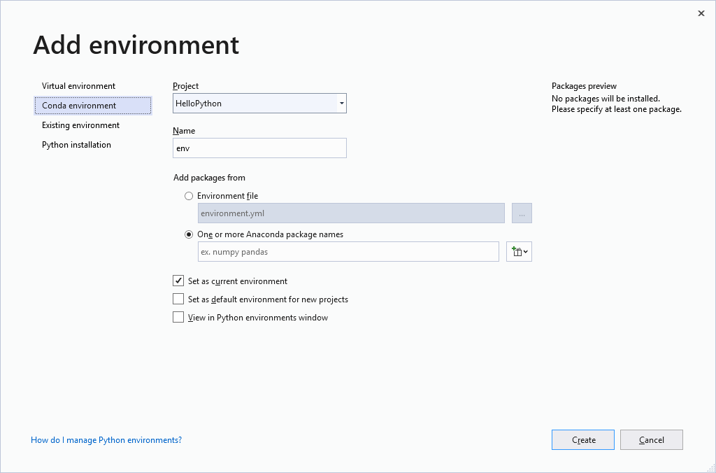 Conda environment tab in the Add environment dialog-2019
