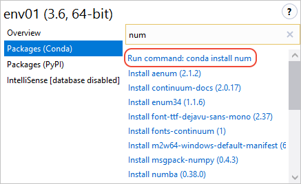 Conda packages tab showing a conda install command