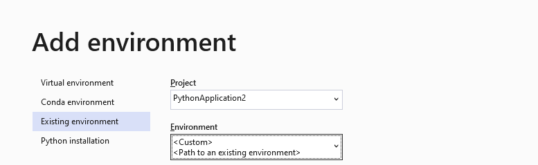 Existing environment tab in the Add environment dialog-2022