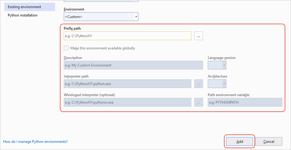 Fields to specify details for a custom environment option in the Add environment dialog0-2019