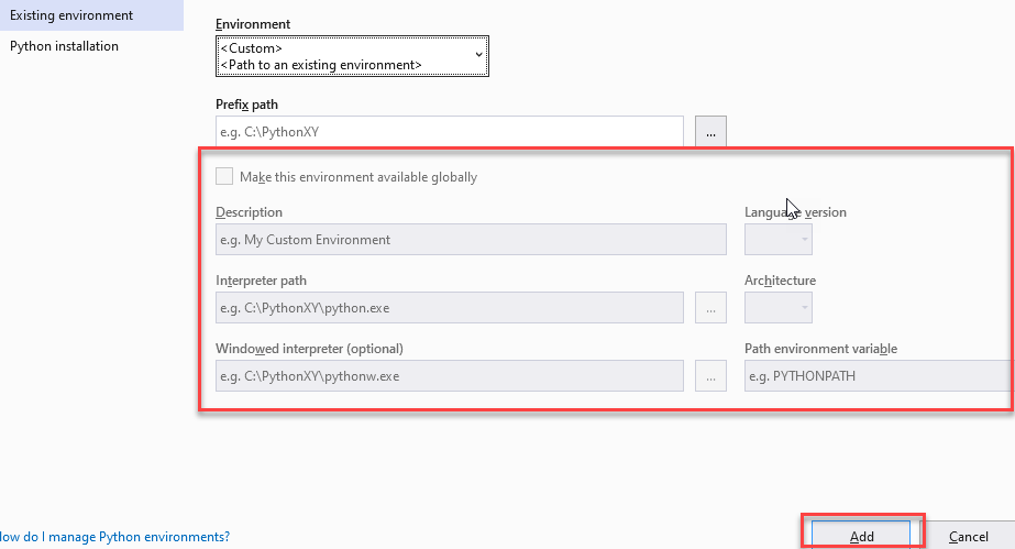 Fields to specify details for a custom environment option in the Add environment dialog-2022
