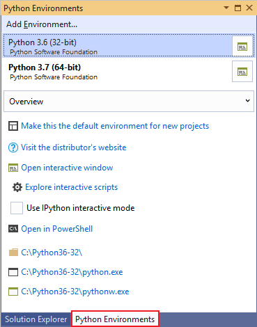 Python Environments window-2019