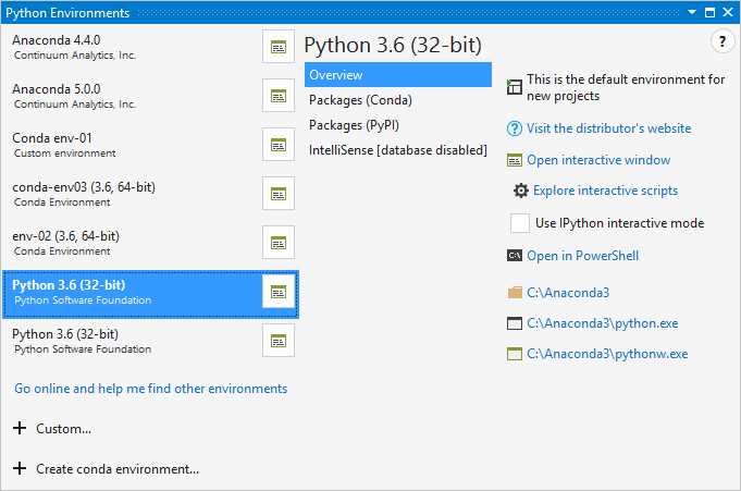 Expanded view of the Python Environments window