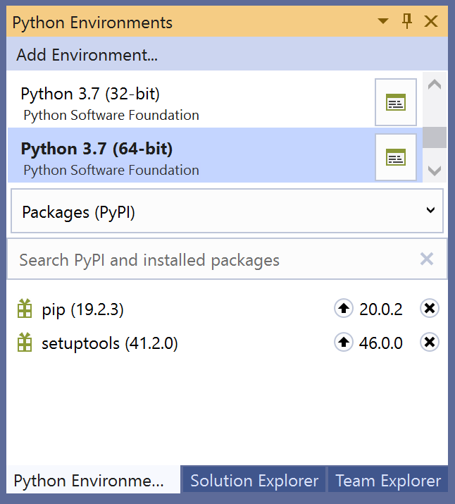 Packages installed in an environment