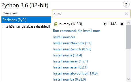 Python environments packages tab with a search on "num"