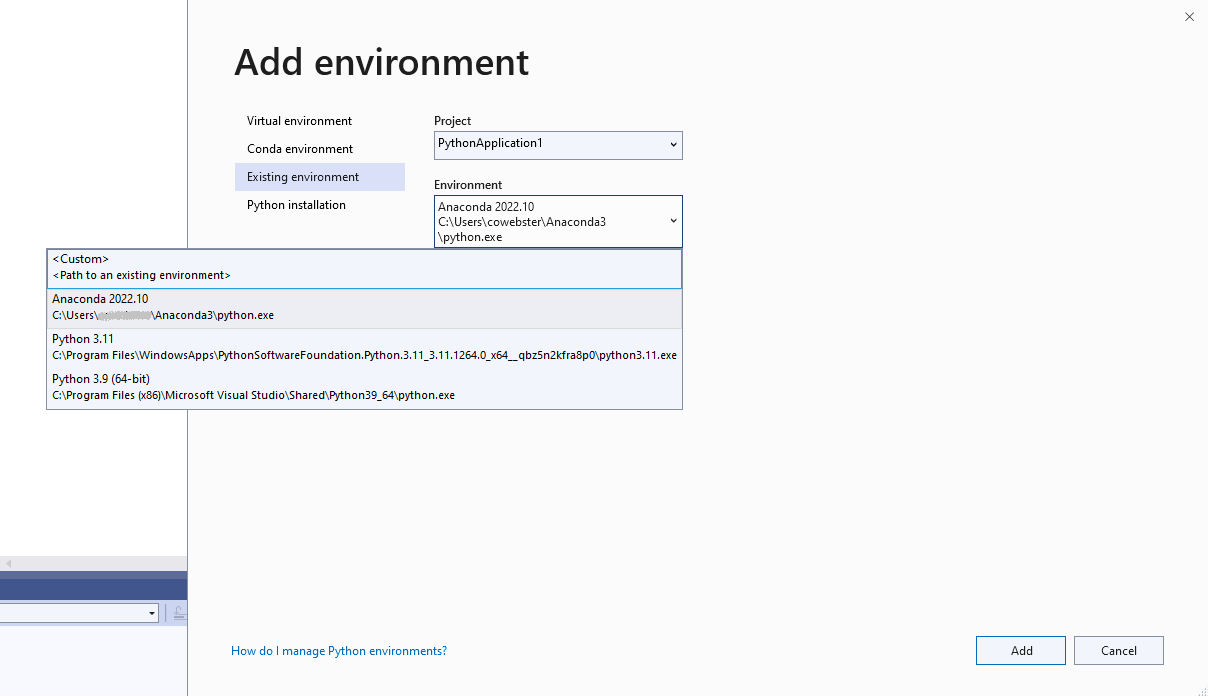 Selecting a project environment in the Add Environments dialog