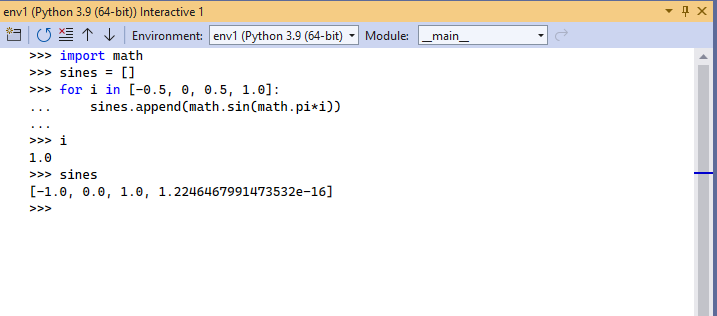 Screenshot showing the Python interactive read-evaluate-print loop (REPL) window.