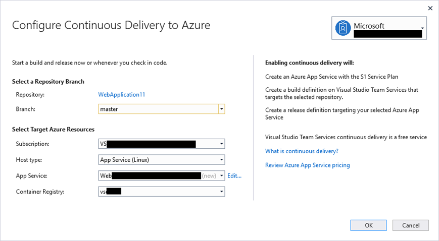 Configure Continuous Delivery to Azure dialog for App Service on Linux