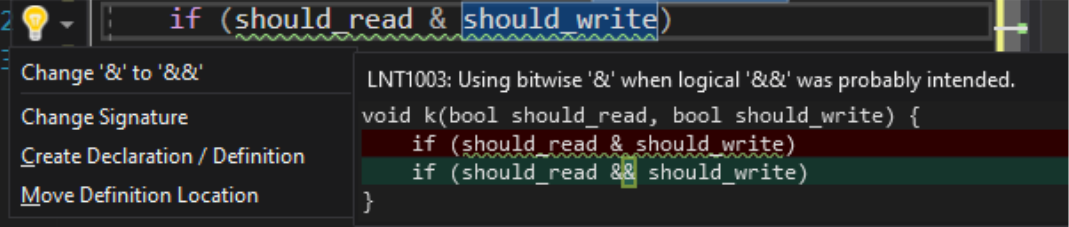 As-you-type linter showing warning for using bitwise & instead of logical && on bools