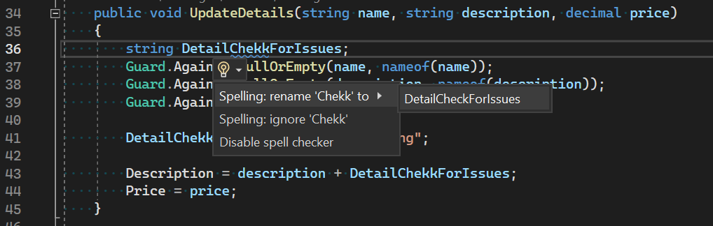 Visual Studio editor shows that an identifier DetailChekkForIssues has a misspelled word and provides alternate spellings for "Chekk"