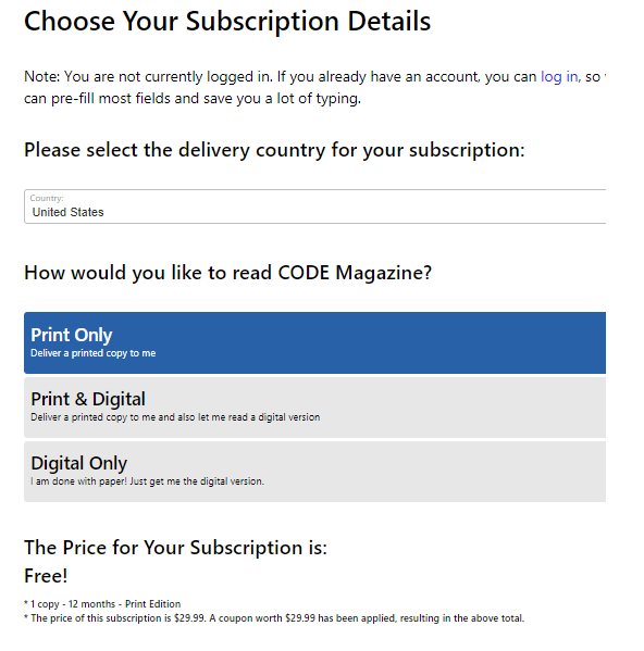 CODE Magazine subscription details