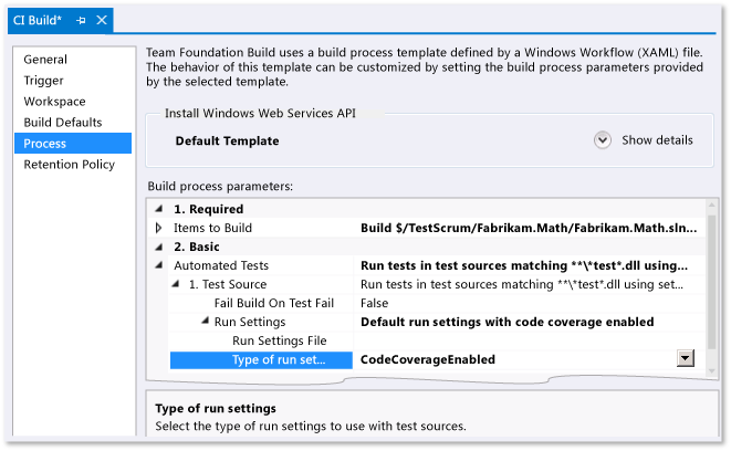 Setting the build definition for code coverage