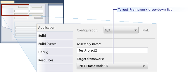 Illustration of the Application tab in the Solution Explorer Properties pane that highlights the location of the Target framework drop-down list.