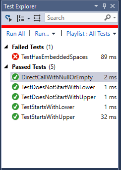 The Test Explorer reporting a failed test