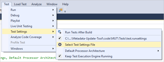 Select test settings file menu in Visual Studio 2017