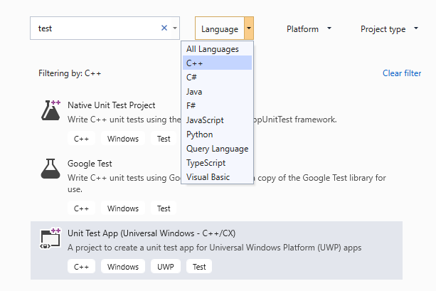 Create a new UWP test project