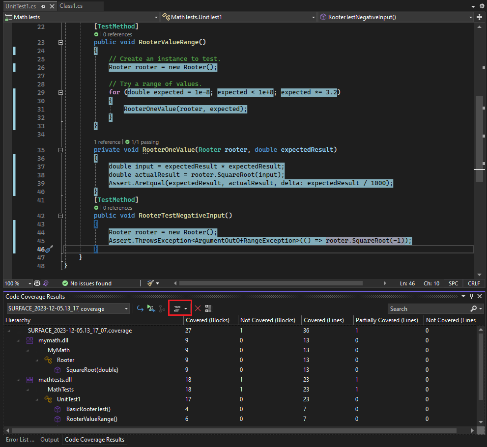 Screenshot showing code coverage highlighted.