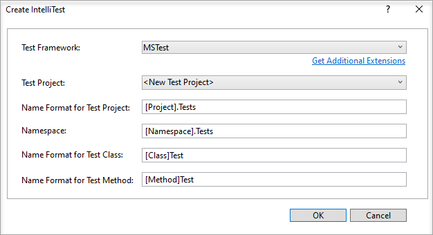 Screenshot of Create IntelliTest with MSTest default.