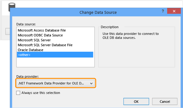 Select the .NET framework OLE DB data provider