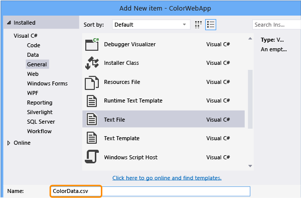 Name the new text file ColorData.csv